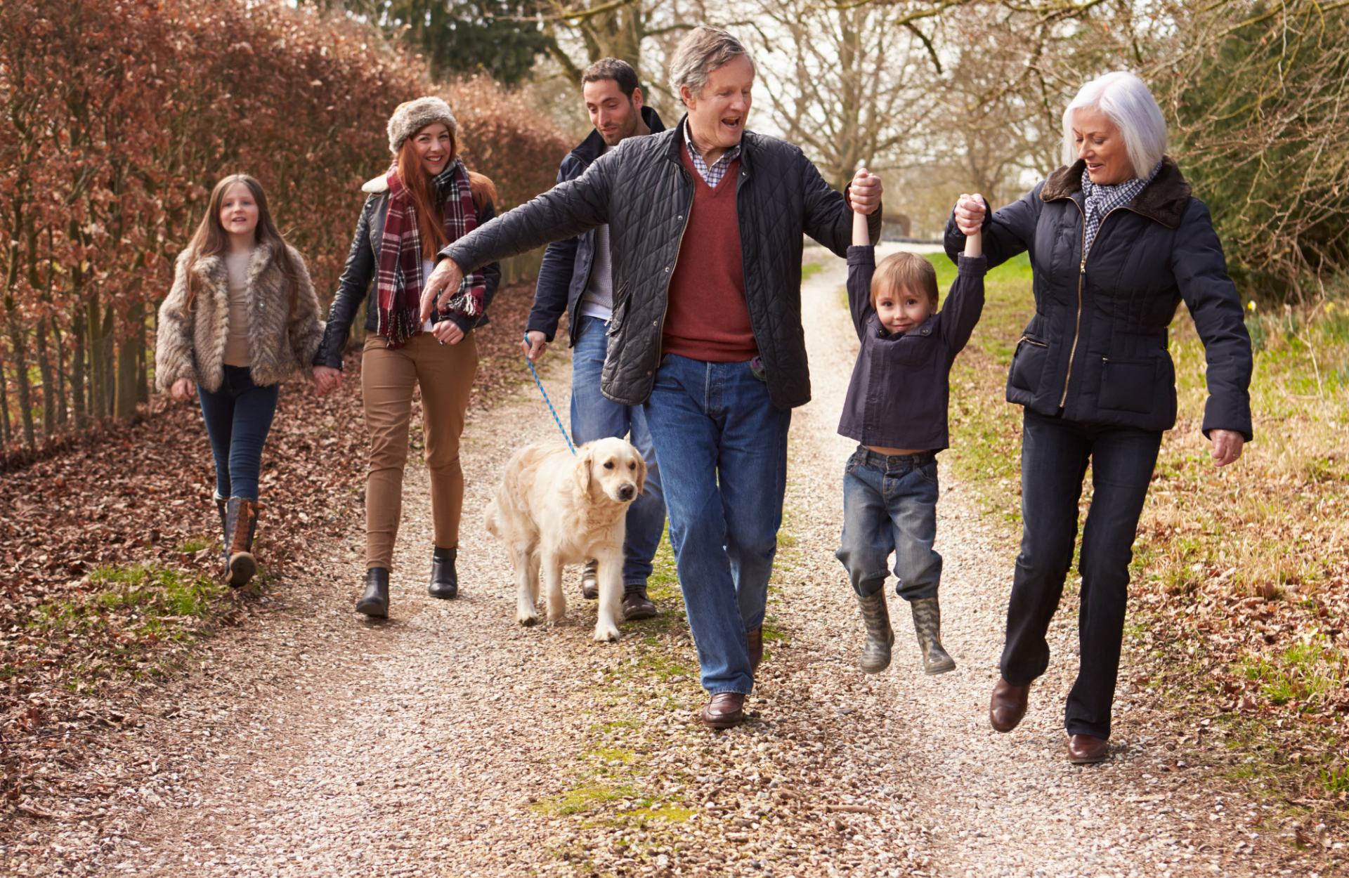 Multi Generational Family having a walk. Planned Giving. Legacy