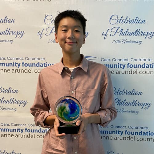 Caleb Oh accepts 2020 Celebration of Philanthropy - Outstanding Youth Group Award, on behalf of Kid Changemakers