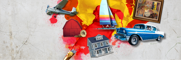 A hand holding a paint brush that has many different colors of paint on a canvas. And on top of all of that are images of noncash assets like a classic car, house, barn, crypto, an airplane, a sailboat, and art.