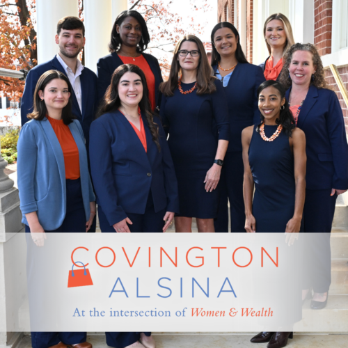 Covington Alsina, Corporate Philanthropist of the Year 2026: The Covington Alsina team poses together outdoors on a building's steps, with the firm's logo and tagline, "At the Intersection of Women & Wealth," overlaid at the bottom.