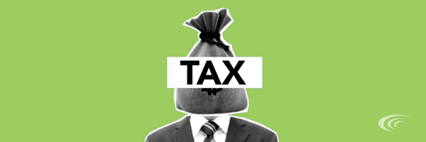A person in a suit with a money bag over their head labeled "TAX," against a green background.